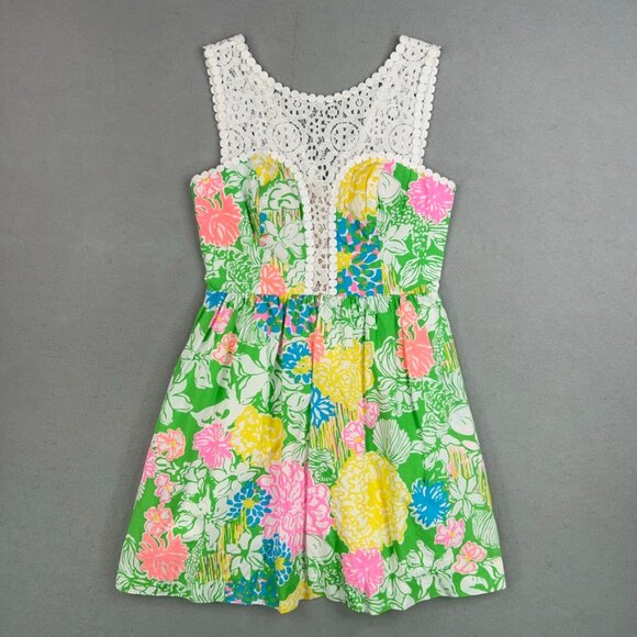 Lilly Pulitzer Dress Womens 0 Bright Colorful Hibiscus Stroll Raegan Lace Resort - Picture 2 of 16